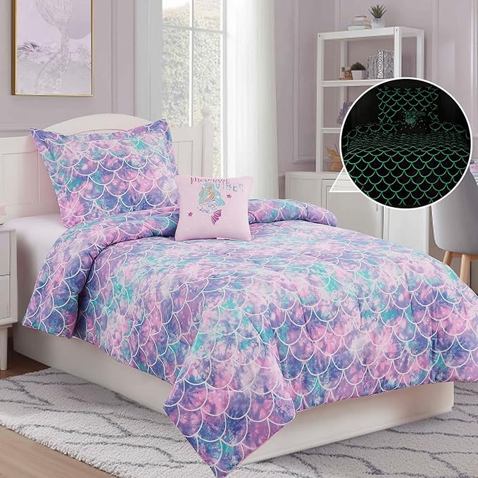 Full Size Comforter Set for Girls-4 Pieces Mermaid Glow in the Dark Full Bedding Sets for Kids, 1 Comforter, 2 Shams and 1 Decor Pillow