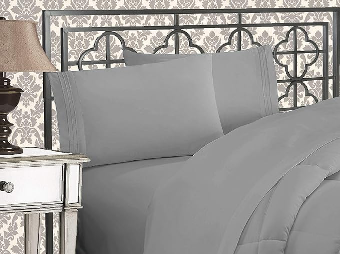Elegant Comfort Luxurious 1500 Premium Hotel Quality Microfiber Three Line Embroidered Softest 4-Piece Bed Sheet Set, Wrinkle and Fade Resistant, California King, Silver-Light Grey