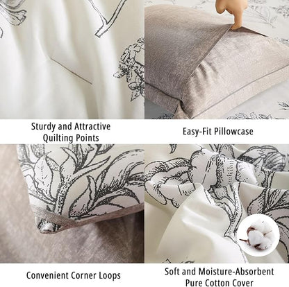 Floral Cotton Comforter Twin Size 2Pcs - Vintage Design with Luxurious Black Sketched Flowers & Leaves on Cream, Retro Taupe Reversible Lightweight Bedding Sets with Soft Fill(68"×90")