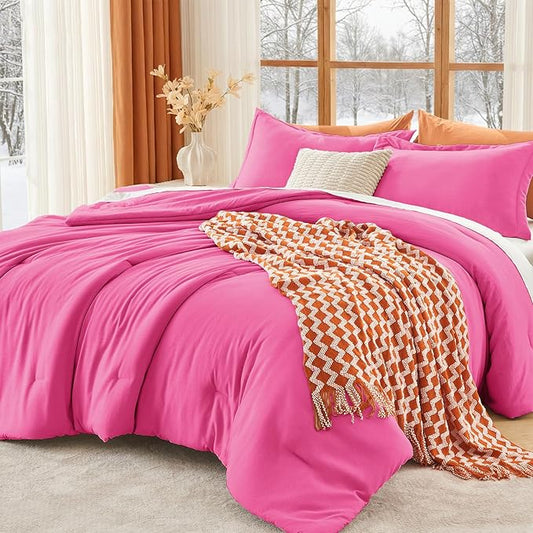 MUXHOMO King Size Comforter Set, All Season Ultra Soft Down Alternative Bedding - 3 Piece Lightweight Bed Set Includes 1 Comforter (104"x90") and 2 Pillow Shams (20"x36"), Hot Pink