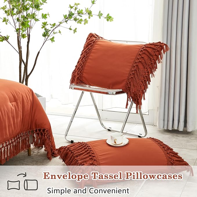 Andency Comforter King Size Set Burnt Orange, 3 Pieces Boho Terracotta Tassel Lightweight Fluffy Bedding Comforters & Sets, Soft All Season Rust Bed Set (104x90In Comforter & 2 Pillowcases)