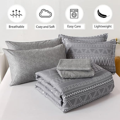 WONGS BEDDING Grey Boho Comforter Set Queen Size,Dark Grey Bed in a Bag 7 Pieces Texture Stripe Comforter Reversible Soft Microfiber Bedding Set for All Season with Sheets, Pillowcases & Shams