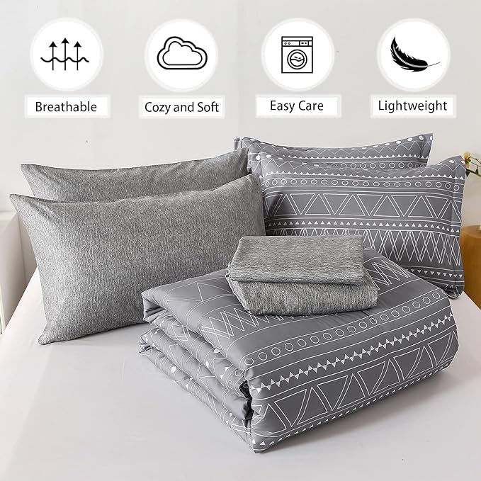 WONGS BEDDING 7 Pieces Grey Boho Comforter Set King Size,Dark Grey Texture Geometric Bed in a Bag Comforter Reversible Soft Microfiber Bedding Set with Pillowcases & Shams,Flat Sheet,Fitted Sheet