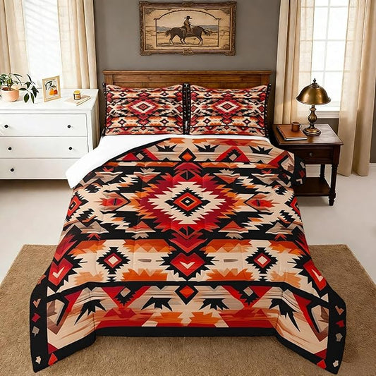 Feelyou Boho Comforter Set Toddler Size Southwest Native American Design Comforter Southwestern Geometric Bedding Set Western Decor Duvet Set Hot Orange Quilt Set