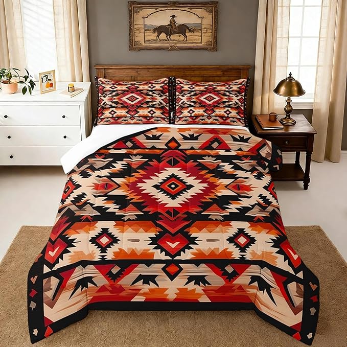 Feelyou Boho Comforter Set Twin Size Southwest Native American Design Comforter Southwestern Geometric Bedding Set Western Decor Duvet Set Room Decor Hot Orange Quilt Set