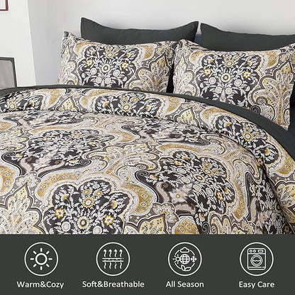 Drucon Boho Paisley Comforter Set King Size, 7 Pieces Bed in a Bag Black Gold Comforter Set, Soft Lightweight Bedding Set (1 Comforter, 1 Flat Sheet, 1 Fitted Sheet, 2 Pillow Shams, 2 Pillowcases)