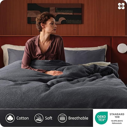 Bedsure Cotton Duvet Cover King Size - 100% Cotton Waffle Weave Charcoal Duvet Cover, PureWoven Textured Breathable Bedding Comforter Cover for All Season, 1 Duvet Cover Only 104"x90"