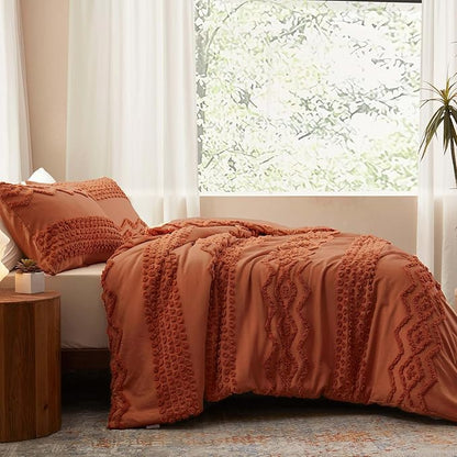 Luxudecor Terracotta Boho Tufted Comforter Set Full Size 3 Pieces Boho Shabby Chic Comforter Farmhouse Embroidery Bedding Set Soft Comforter for All Seasons (Terracotta, 80''x90'')