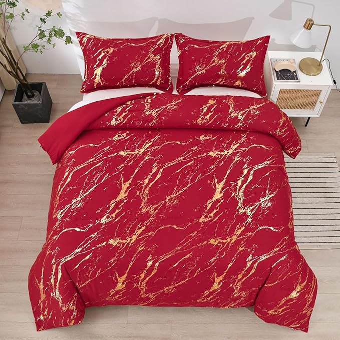 WONGS BEDDING Red Gold Metallic Marble Comforter Set Queen,Red Christmas Bedding Sets with 2 Pillowcases for All Seasons, Soft Microfiber Filling Bedding Duvet Set 90"x90"