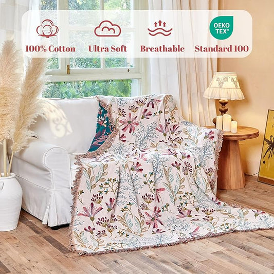 MSGKV Boho Throw Blanket for Bed 60"x80" Floral 100% Cotton Couch Blanket Spring Breathable Lightweight Farmhouse Flower Twin Size Blankets for Sofa Home Decor Muslin All Seasons