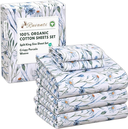RUVANTI 100% Organic Cotton Sheets Split King, Percale Weave, GOTS Certified, 5-Piece Set, Deep Pocket 15", Crisp & Breathable, Soft Durable Bedding, Sábanas Algodón Orgánico – Daisy Bud
