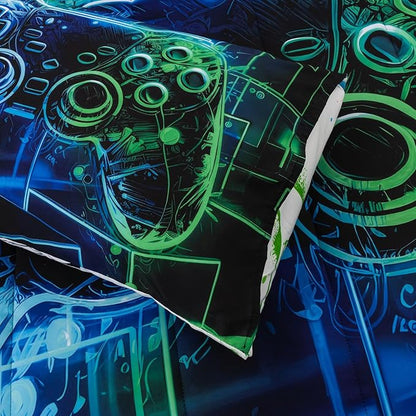 A Nice Night 5Pcs Gaming Comforter Set,Blue Green 3D Game Contoller Themed Keyboard Printing Bedding Sets for Kids Teen Boys, Reversible Comforter for All Seasons,Full
