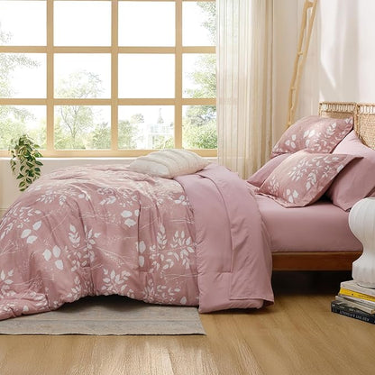 Bedsure Rose Pink Full Comforter Set - 7 Pieces Floral Bedding Sets Full Bed in a Bag with Reversible Botanical Flowers Comforter, Sheets, Pillowcases & Shams