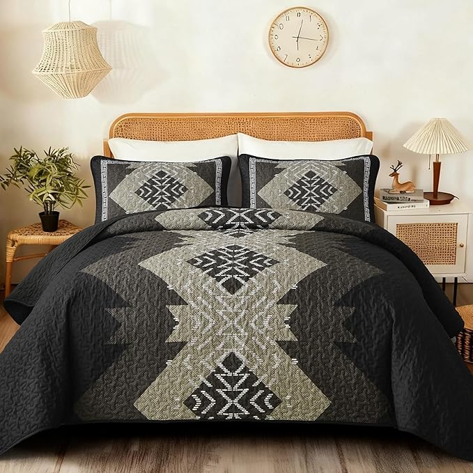 Dintszyayue Boho Quilt Set King Size, Black Aztec Texture Bedspread Set, 3 Pieces Texture Southwestern Bedding Set, Soft Lightweight Coverlet Set for All Season Bedding with 2 Pillowcases