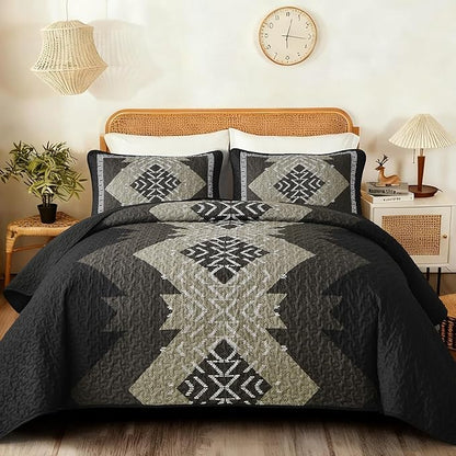 Dintszyayue Boho Quilt Set King Size, Black Aztec Texture Bedspread Set, 3 Pieces Texture Southwestern Bedding Set, Soft Lightweight Coverlet Set for All Season Bedding with 2 Pillowcases