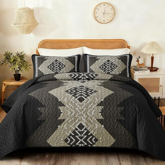 Dintszyayue Boho Quilt Set King Size, Black Aztec Texture Bedspread Set, 3 Pieces Texture Southwestern Bedding Set, Soft Lightweight Coverlet Set for All Season Bedding with 2 Pillowcases
