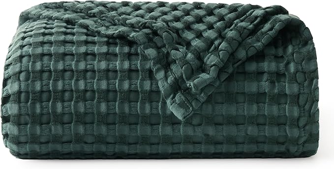 Bedsure Cooling Cotton Waffle Twin XL Blanket - Lightweight Breathable Blanket of Rayon Derived from Bamboo for Hot Sleepers, Luxury Throws for Bed, Couch and Sofa, Dark Green, 66x90 Inches