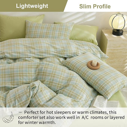 EAVD Vintage Style Yellow&Green Plaid Comforter Set Queen Soft Washed Cotton Grid Checkered Comforter Set Retro Gingham Bedding Set with 2 Pillowcases Farmhouse Gingham Comforter Set for All-Season
