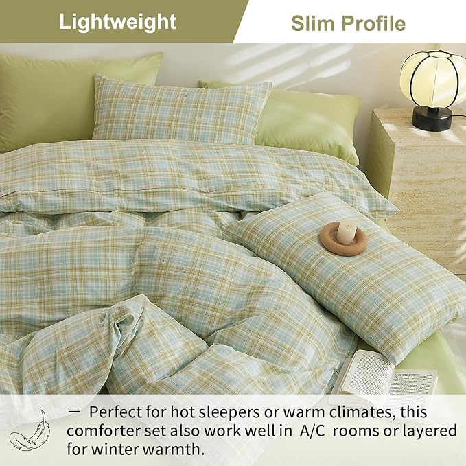EAVD Vintage Gingham Comforter Set Twin XL Soft 100% Washed Cotton Green Yellow Grid Plaid Comforter Set 3-Piece Retro Grid Checkered Bedding Set with 2 Pillowcases Gingham Bedding Set for All-Season