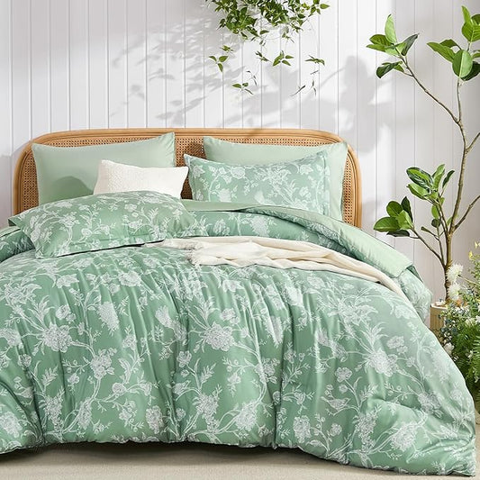 Luxudecor Floral Comforter Set King Size 7 Pieces, Green Flower with Bird Bed in a Bag, Soft Reversible Comforter with Sheet Bed Set 104"x90"