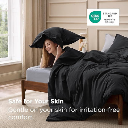 Bedsure 100% Washed Cotton Duvet Cover Queen Size - Black Minimalist Bedding Set Linen Like - PureWoven Plain Simple & Soft Comforter Cover for All Seasons (Black, Queen, 90"x90")