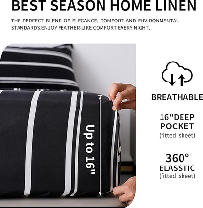Best Season Black and White Striped Bed Sheets Queen Size 4 Piece Ultra Soft Stripe Sheet Set - Deep Pocket, Fade & Wrinkle Resistant Bedding Set (Black&White)