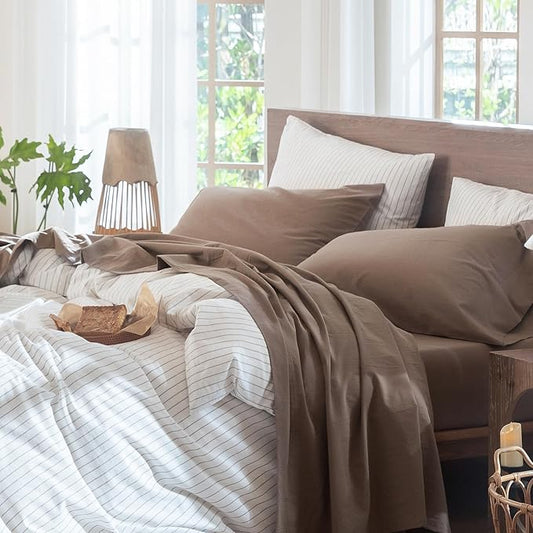 MooMee Bedding Sheet Set 100% Washed Cotton Linen Like Textured Breathable Durable Soft Comfy (Solid Brown, Full)