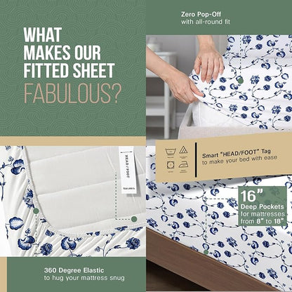 TEXAS LINEN CO. 100% Organic Cotton Printed Sheets Full Size - 4 PC Organic Cotton Percale Sheets Full Set (Floral Blue), Cooling & Breathable Sheet, 16" Deep Pocket Hotel Bedding - GOTS Certified