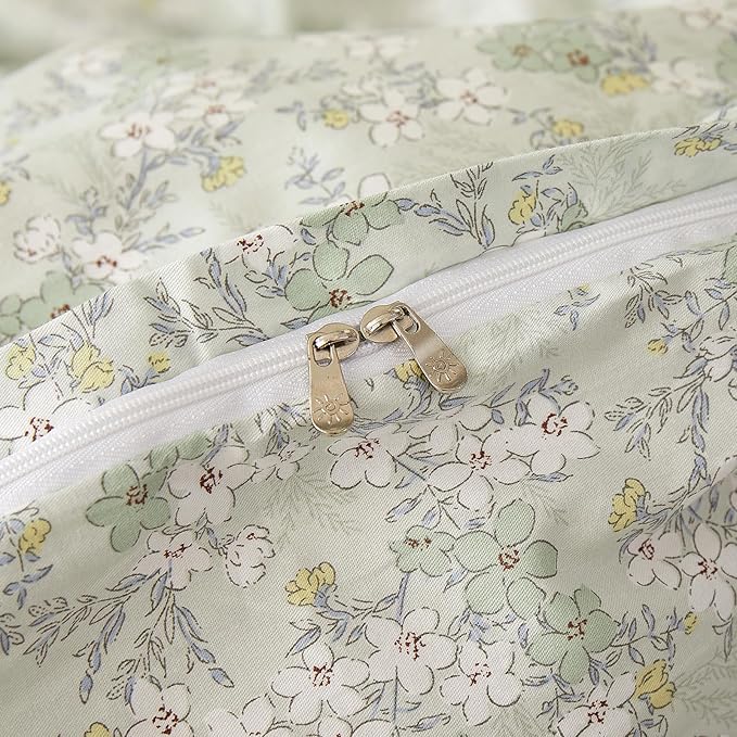VM VOUGEMARKET Twin Duvet Cover Set with Green Flower Pattern,Pure Cotton Bedding Set Vintage Floral Prints Comforter Cover Conquette Cottagecore Bedding for Teen Girls