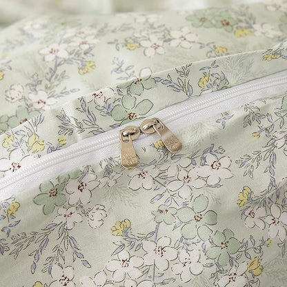 VM VOUGEMARKET Vintage Green Flower Duvet Cover Set Queen Fresh Botanical Bedding Set 100% Cotton Reversible Vintage Comforter Cover with Zipper&Ties