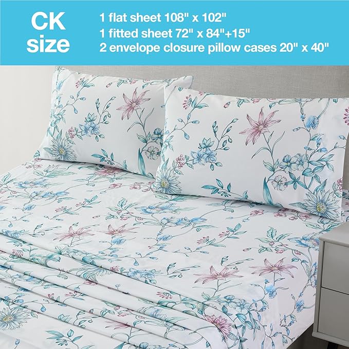 JSD White Blue Floral Printed Sheet Set Cal King, 4 Piece Botanical Microfiber Sheets Extra Deep Pocket
