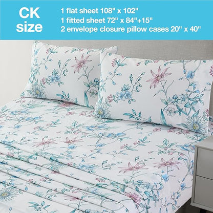 JSD White Blue Floral Printed Sheet Set Cal King, 4 Piece Botanical Microfiber Sheets Extra Deep Pocket