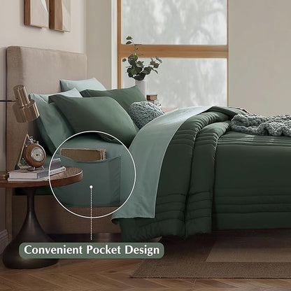 Monbix Oversized King Size Comforter Set - 7 Pieces Deep Forest Bed in a Bag Oversized King Bedding Sets with Comforters, All Seasons Comforter Bed Set with Sheets, Pillowcases & Shams