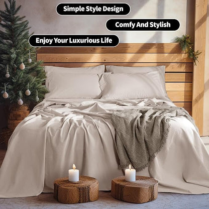 LBRO2M 100% Pure Linen Sheet Set Deep Pocket Up to 16" Bed Sheets Sets, Natural Flax Beddings Soft, Breathable, Comfortable for All Seasons 6 Pcs Sheet Set Queen Size, Linen