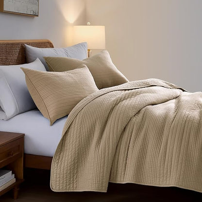 palassio Striped Dark Beige 100% Cotton Quilt Queen Size Bedding Sets, Lightweight Crinkly Channel Pick Stitch Textured Bedspread Soft Shabby Chic Farmhouse Country Coverlet for All Season, 2 Shams