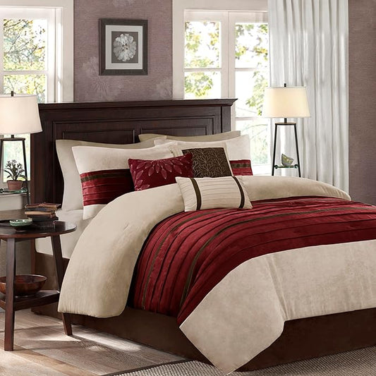 Madison Park Palmer Comforter Set-Luxury Faux Suede Design, Striped Accent, All Season Down Alternative Bedding, Matching Shams, Decorative Pillow, Bed Skirt, King (104 in x 92 in), Red 7 Piece