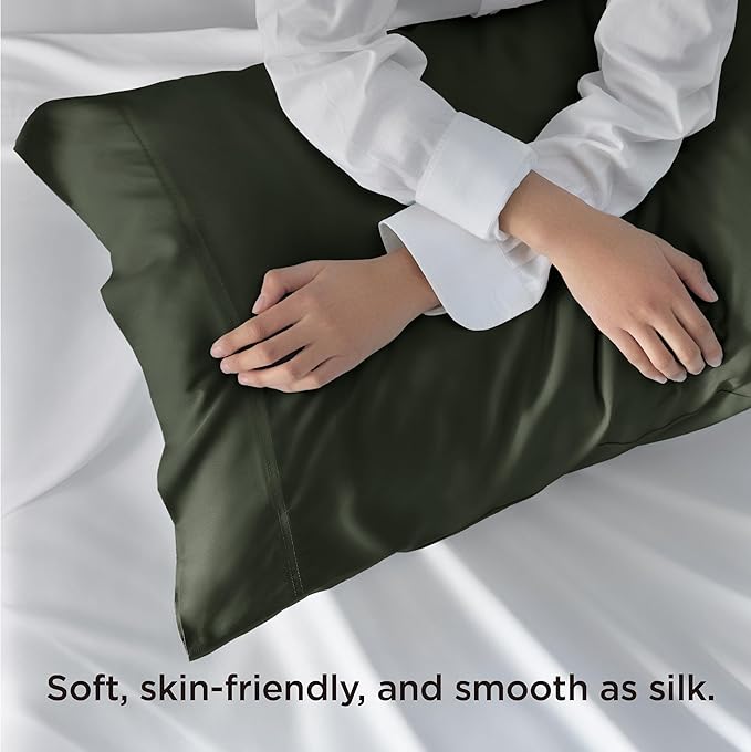 Bedsure Pillow Cases Standard Size, Cooling Pillow Cases, Rayon Derived from Bamboo Olive Green Pillowcases Standard Set of 2, PureWoven Silky Soft Pillow Covers with Envelope Closure, 20x26 Inches
