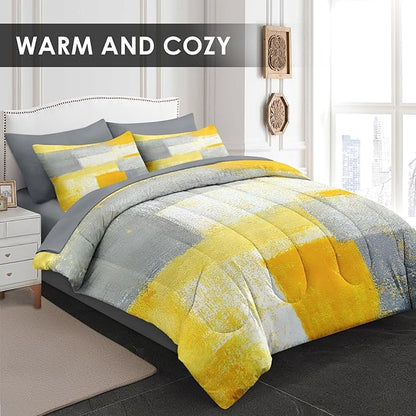 Comforter Set Queen Size, Grey Yellow Painting Gray 7 Pcs Bedding for Kids and Adults, Office Contemporary Abstract Bed Sheet Sets with Fitted Sheet 2 Pillowcase & 2 Sham for Bedroom Bed Decor