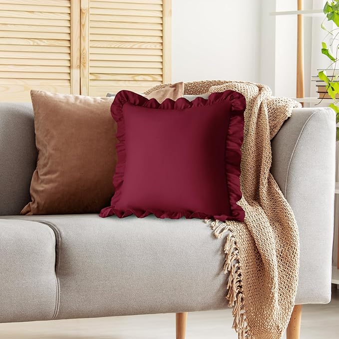 KKJIAF Ruffle Pillow Cases 26x26 Inches, Burgundy Square Ruffled Pillow Covers Set of 2, Microfiber Wrinkle Resistant Pillow Shams with Envelope Closure for Sofa Bed Living Room