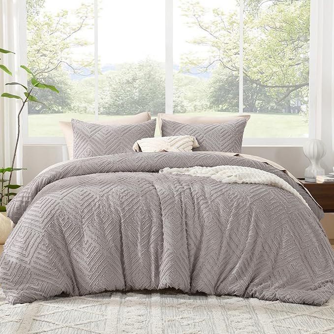 Litanika King Size Comforter Set Milk Grey, 3 Pieces Cream Tufted Boho Farmhouse Bedding Comforter Sets, Lightweight Fluffy Comforter Bed Set for All Season (104x90In Comforter and 2 Pillowcases)
