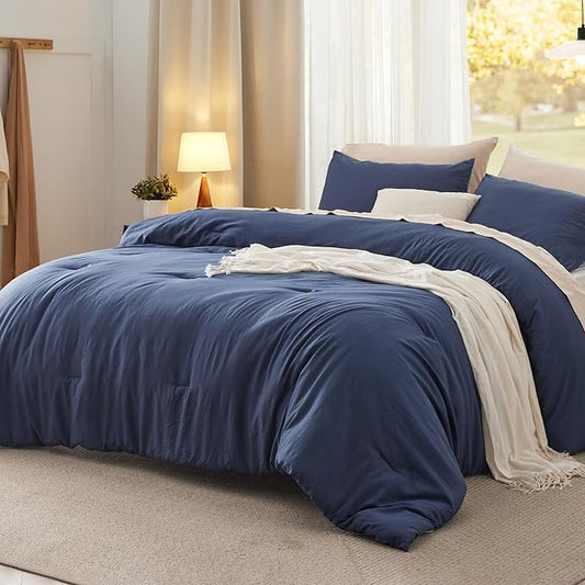 Bedsure Queen Comforter Set, Navy Soft Prewashed Bedding for All Seasons, 3 Pieces GentleSoft™ Bed Set, 1 Lightweight Comforter (90"x90") and 2 Pillowcases (20"x26")