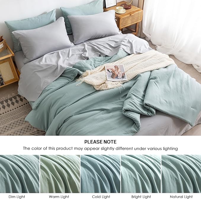 OTTEBED Ultra-Soft Queen Comforter Set with Sheets - Boho 7 Piece Bed in a Bag Lightweight All Season Use, Aesthetic Washed PolyCotton QUEEN Sage Green Comforter with Grey Bedding Sheet Set Pillowcase