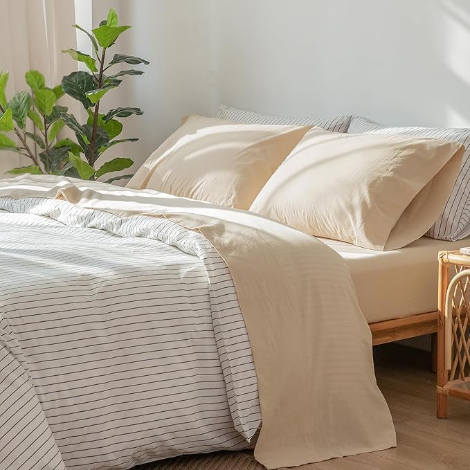 MooMee Bedding Sheet Set 100% Washed Cotton Linen Like Textured Breathable Durable Soft Comfy (Solid Sandy Beige, King)