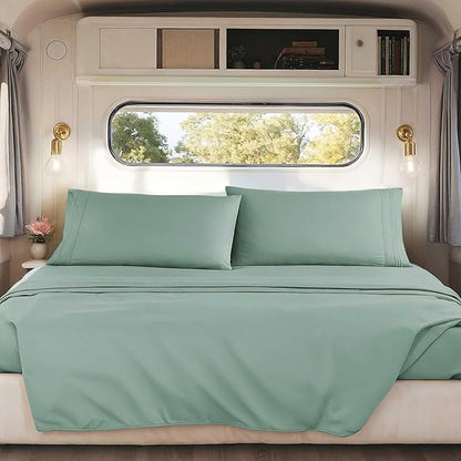 Clara Clark RV Short Queen Sheets - Hotel Luxury 6 Piece Bed Sheets for Short Queen Size Bed - Soft Bedding Sheets & Pillowcases, Fits Low Mattress up to 10 inch deep. Short Queen, New Sage Green