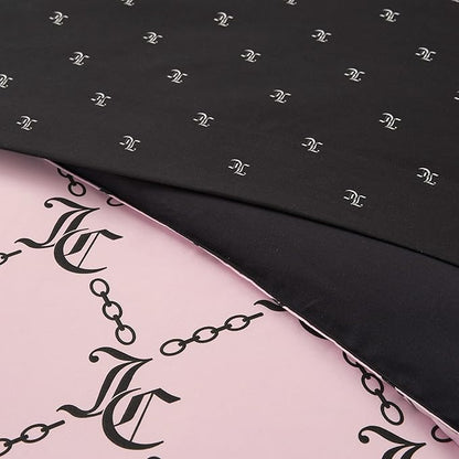 Juicy Couture Light Pink/Black Link Logo Printed Comforter Set, Full – Complete 8-Piece Bed in a Bag Collection