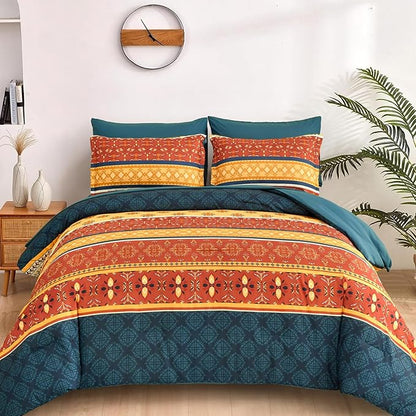 WONGS BEDDING Boho Comforter Set King Size,7 Pieces Bed in a Bag Bohemian Striped Bedding Set,Burnt Orange Paisley Floral Comfortet and Sheet Set,Soft Microfiber Bedding Sets for All Season