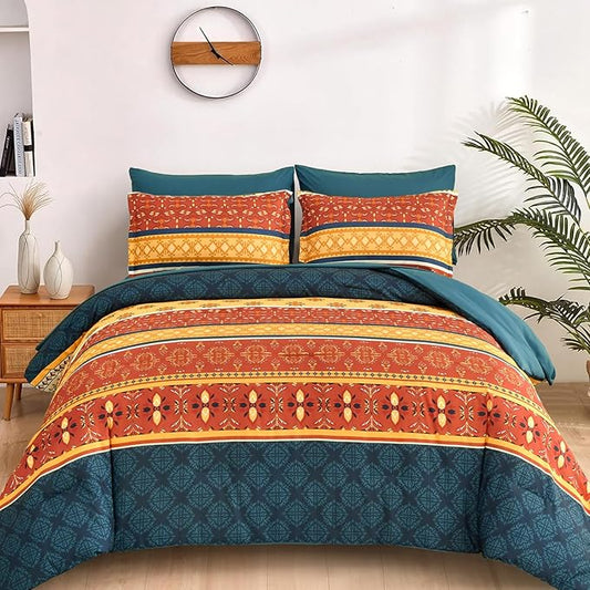 WONGS BEDDING Boho Comforter Set King Size,7 Pieces Bed in a Bag Bohemian Striped Bedding Set,Burnt Orange Paisley Floral Comfortet and Sheet Set,Soft Microfiber Bedding Sets for All Season