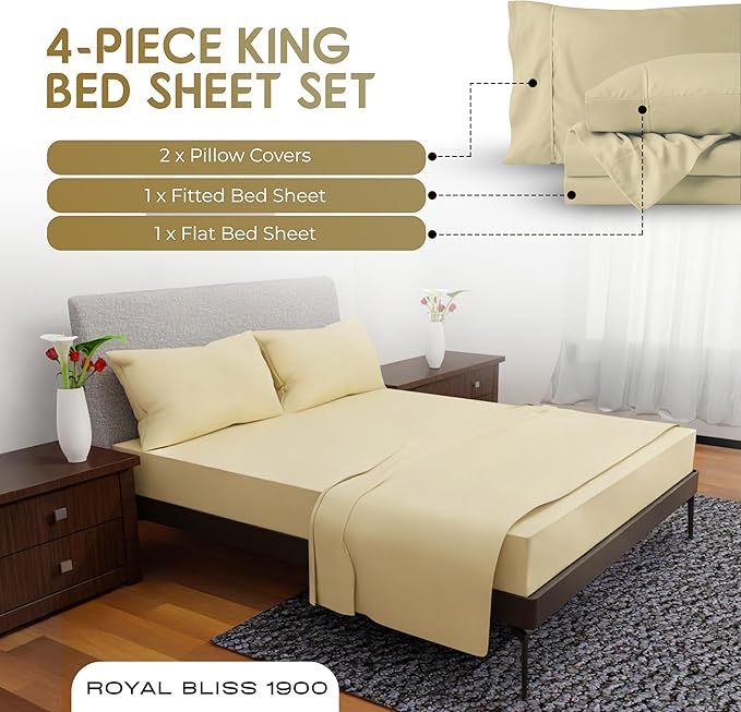 Royal Bliss King Size Sheets Set - 4 Piece Bedding - Wrinkle Free, Deep Pocket Sheets, King Bedding (Tan)