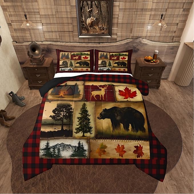 Erosebridal Bear Cabin Plaid Comforter Set Full, Rustic Farmhouse Bedding Set, Retro Hunting Deer Woodland Quilt, Country Western Duvet Set, Christmas RV Lodge Decor Down Comforter, Red Black Brown