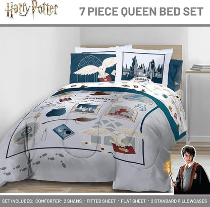 Jay Franco Kids Comforter Set Includes Sheets and Pillow Covers - Soft and Cozy Bed Set for Stylish Room Decor, Dark Grey - Harry Potter, 7 Piece Queen Size Bedding